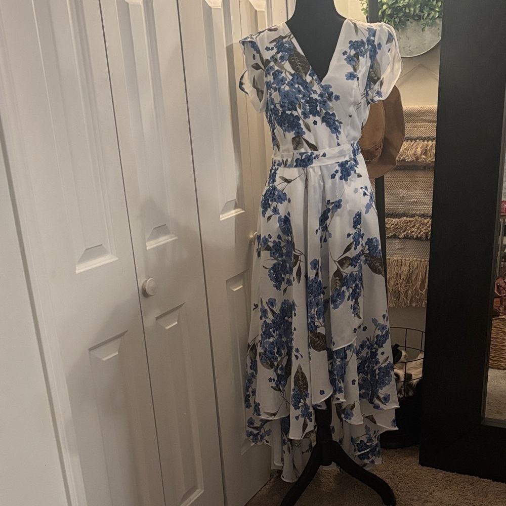 Lulu's White and Blue Floral High Low Dress